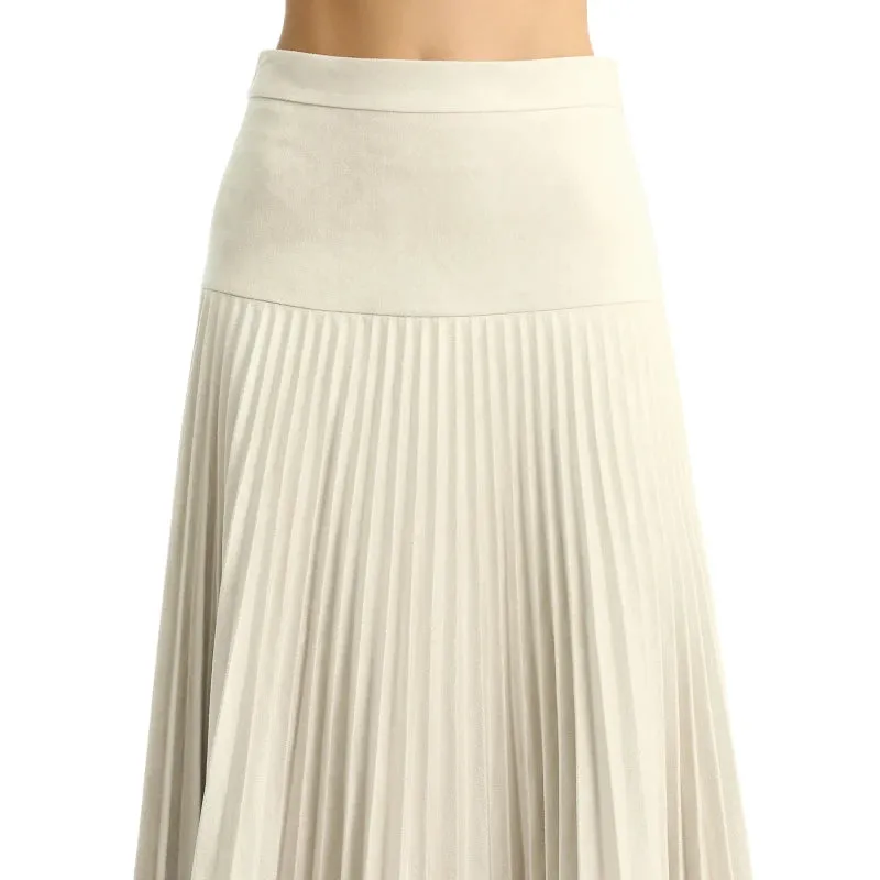 S135 Women faux suede yoke design sunburst pleated midi skirt