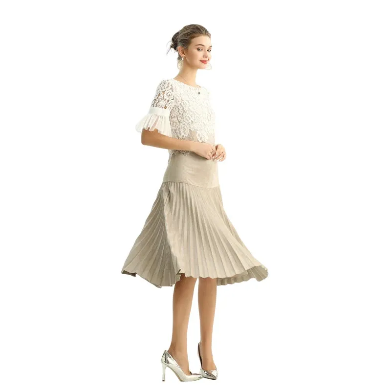S135 Women faux suede yoke design sunburst pleated midi skirt