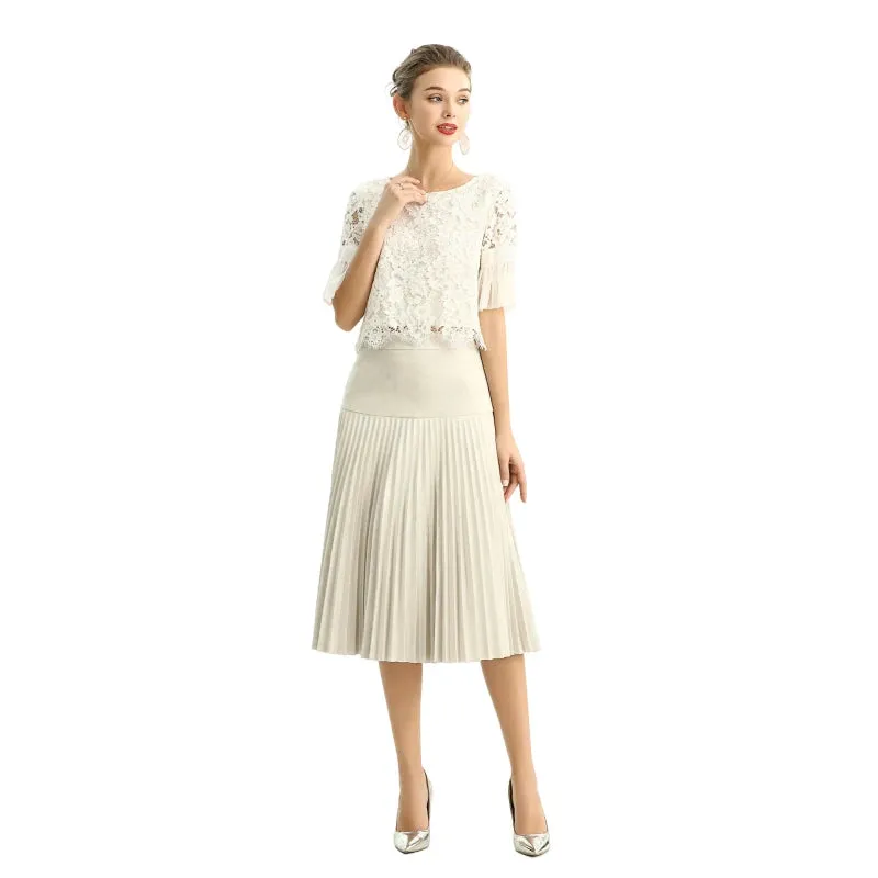 S135 Women faux suede yoke design sunburst pleated midi skirt