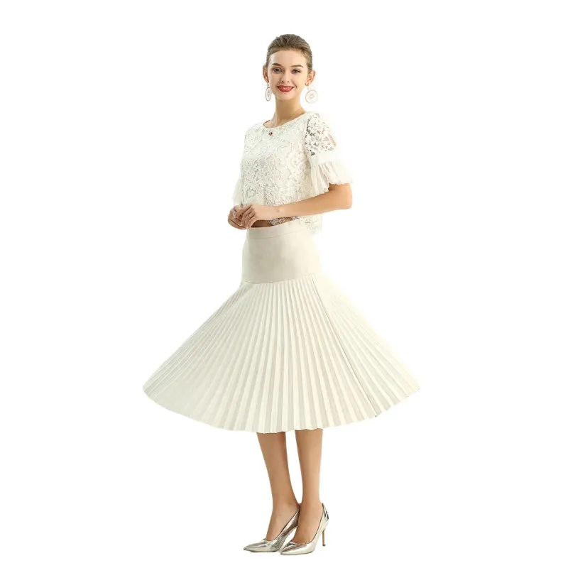 S135 Women faux suede yoke design sunburst pleated midi skirt