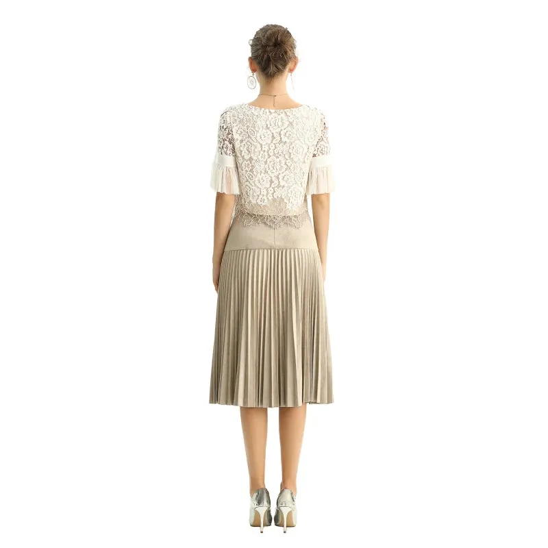 S135 Women faux suede yoke design sunburst pleated midi skirt