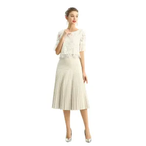 S135 Women faux suede yoke design sunburst pleated midi skirt