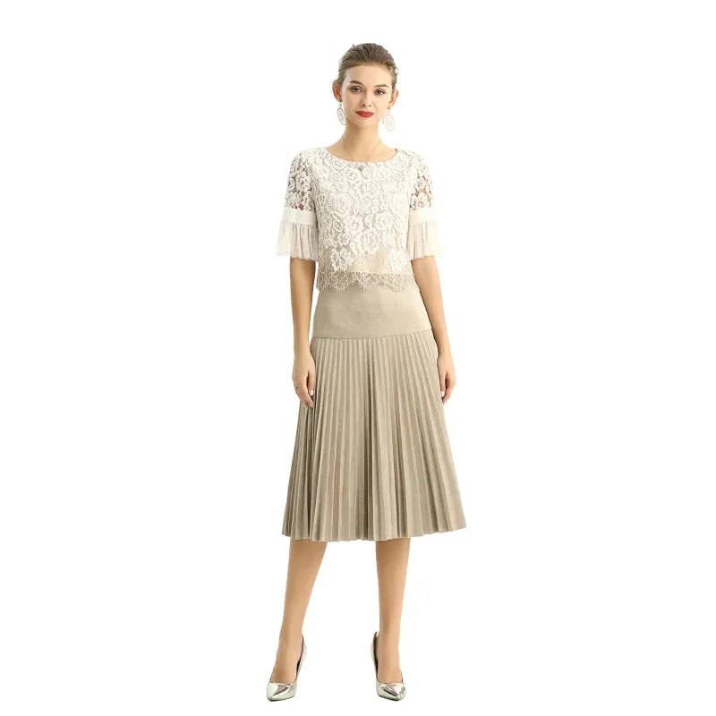 S135 Women faux suede yoke design sunburst pleated midi skirt