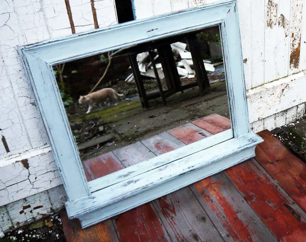Shabby Chic Vintage rectangular wooden mirror with shelf in Miss Mustard Seed Milk paint