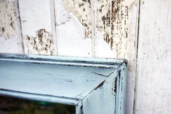 Shabby Chic Vintage rectangular wooden mirror with shelf in Miss Mustard Seed Milk paint