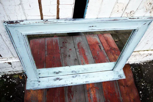Shabby Chic Vintage rectangular wooden mirror with shelf in Miss Mustard Seed Milk paint