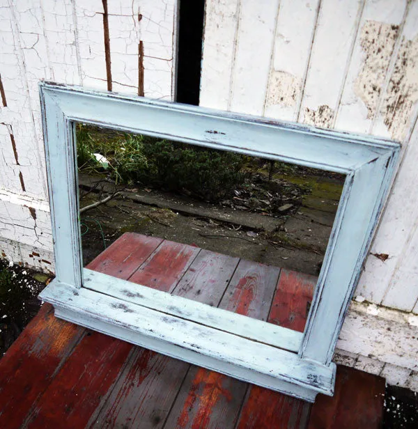Shabby Chic Vintage rectangular wooden mirror with shelf in Miss Mustard Seed Milk paint