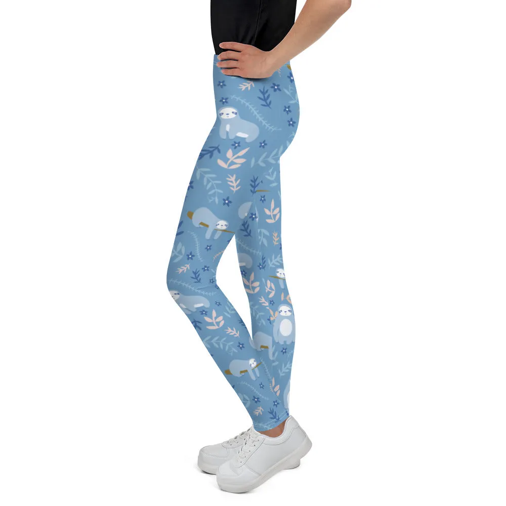 Sloth Pattern Girls Leggings (8-20), Blue Animal Youth Teen Cute Printed Kids Yoga Tween Pants Graphic Fun Tights Gift Daughter 