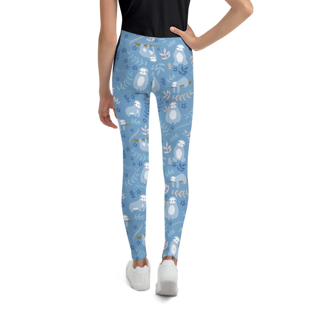 Sloth Pattern Girls Leggings (8-20), Blue Animal Youth Teen Cute Printed Kids Yoga Tween Pants Graphic Fun Tights Gift Daughter 