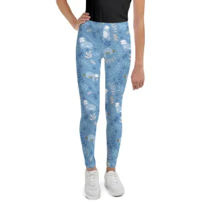 Sloth Pattern Girls Leggings (8-20), Blue Animal Youth Teen Cute Printed Kids Yoga Tween Pants Graphic Fun Tights Gift Daughter 