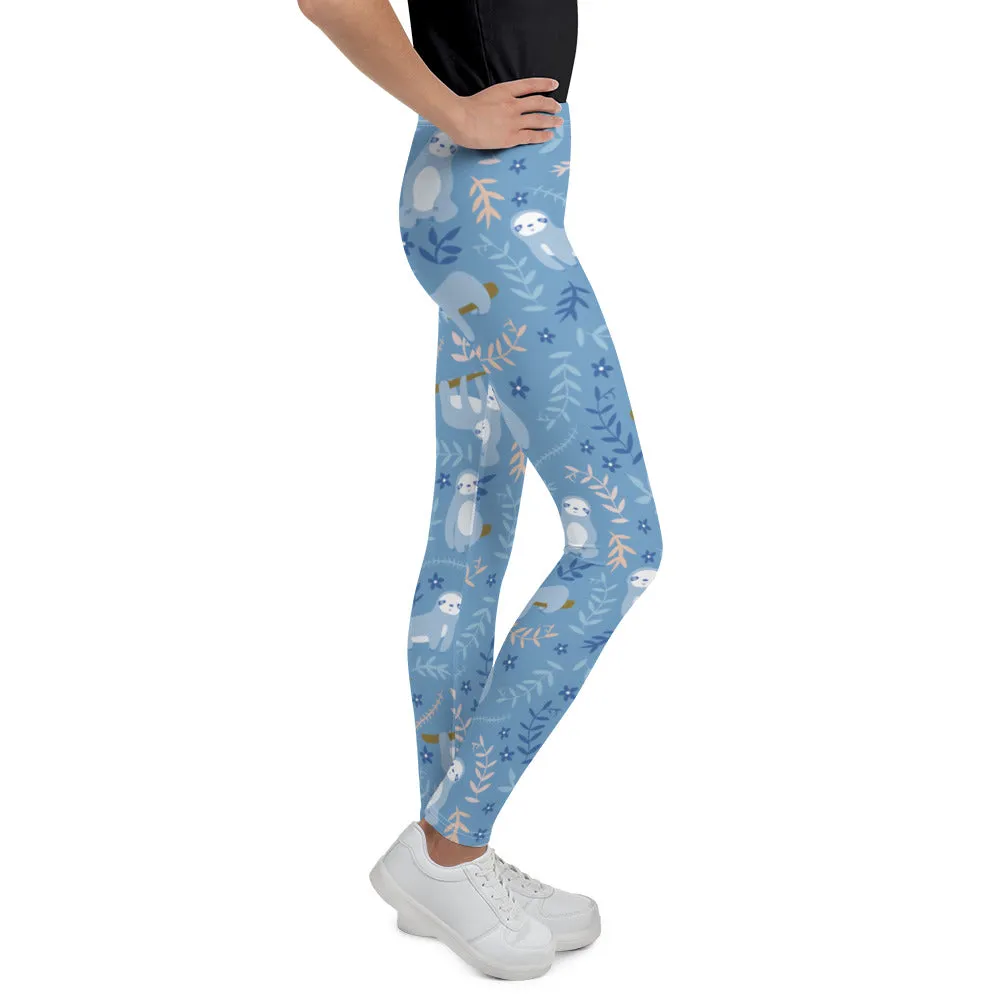 Sloth Pattern Girls Leggings (8-20), Blue Animal Youth Teen Cute Printed Kids Yoga Tween Pants Graphic Fun Tights Gift Daughter 