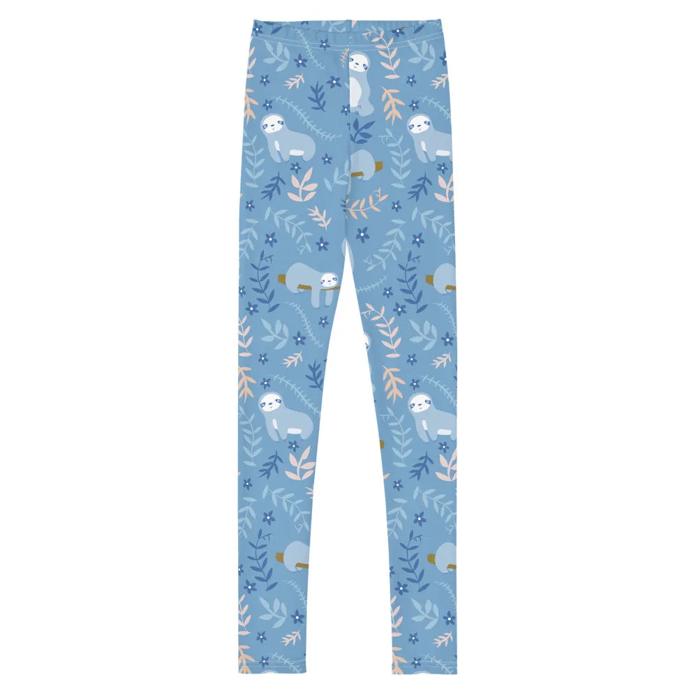 Sloth Pattern Girls Leggings (8-20), Blue Animal Youth Teen Cute Printed Kids Yoga Tween Pants Graphic Fun Tights Gift Daughter 