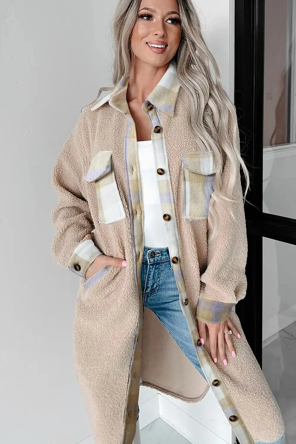 Smoke Gray Plaid Sherpa Long Coat