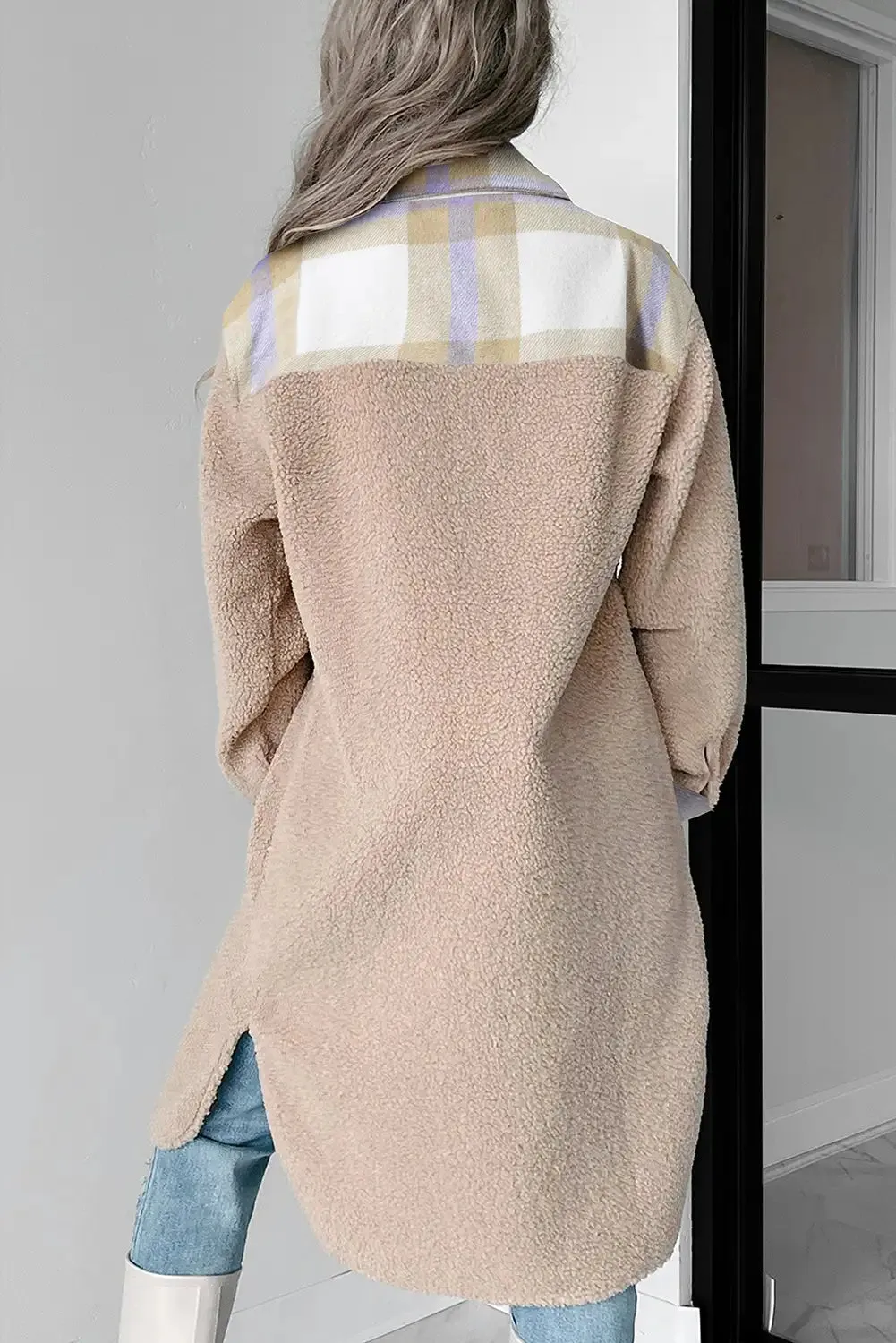 Smoke Gray Plaid Sherpa Long Coat