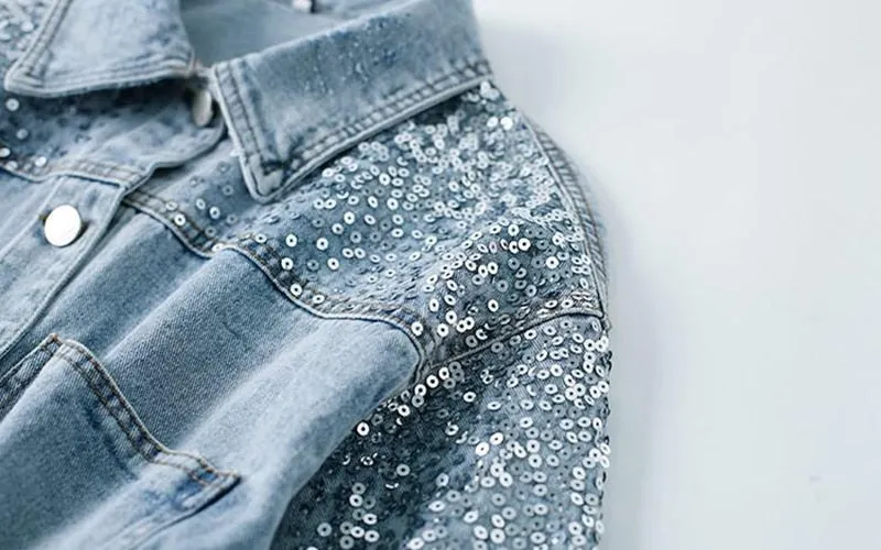 Spring Autumn Denim Jacket Women Fashion Sequin Short Lapel Jean Coats Woman Casual  Full Sleeve Loose Button Coat