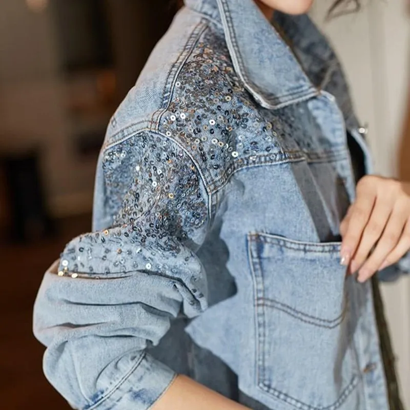 Spring Autumn Denim Jacket Women Fashion Sequin Short Lapel Jean Coats Woman Casual  Full Sleeve Loose Button Coat