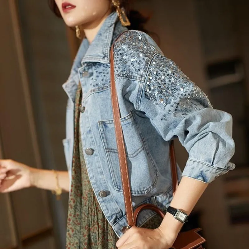 Spring Autumn Denim Jacket Women Fashion Sequin Short Lapel Jean Coats Woman Casual  Full Sleeve Loose Button Coat