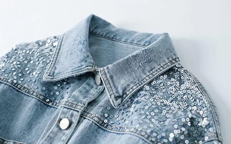 Spring Autumn Denim Jacket Women Fashion Sequin Short Lapel Jean Coats Woman Casual  Full Sleeve Loose Button Coat