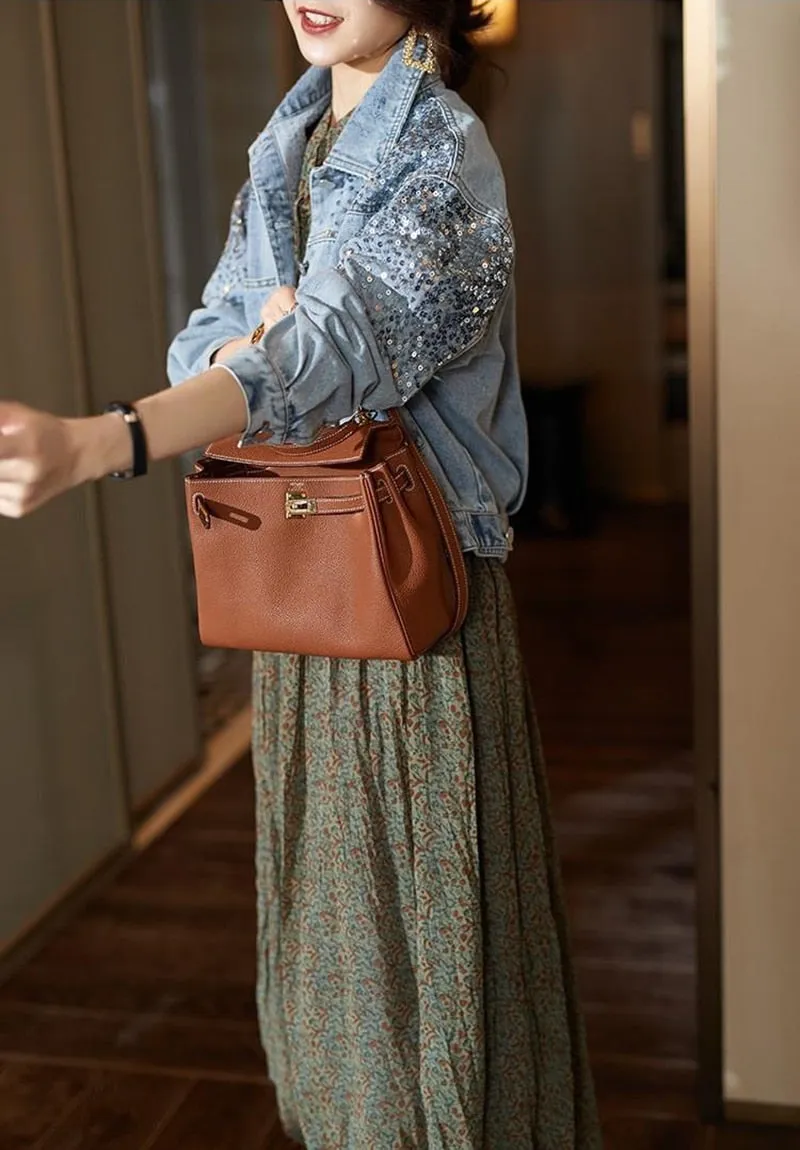 Spring Autumn Denim Jacket Women Fashion Sequin Short Lapel Jean Coats Woman Casual  Full Sleeve Loose Button Coat