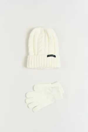 Tahari Cable Knit Beanie Hat & Gloves