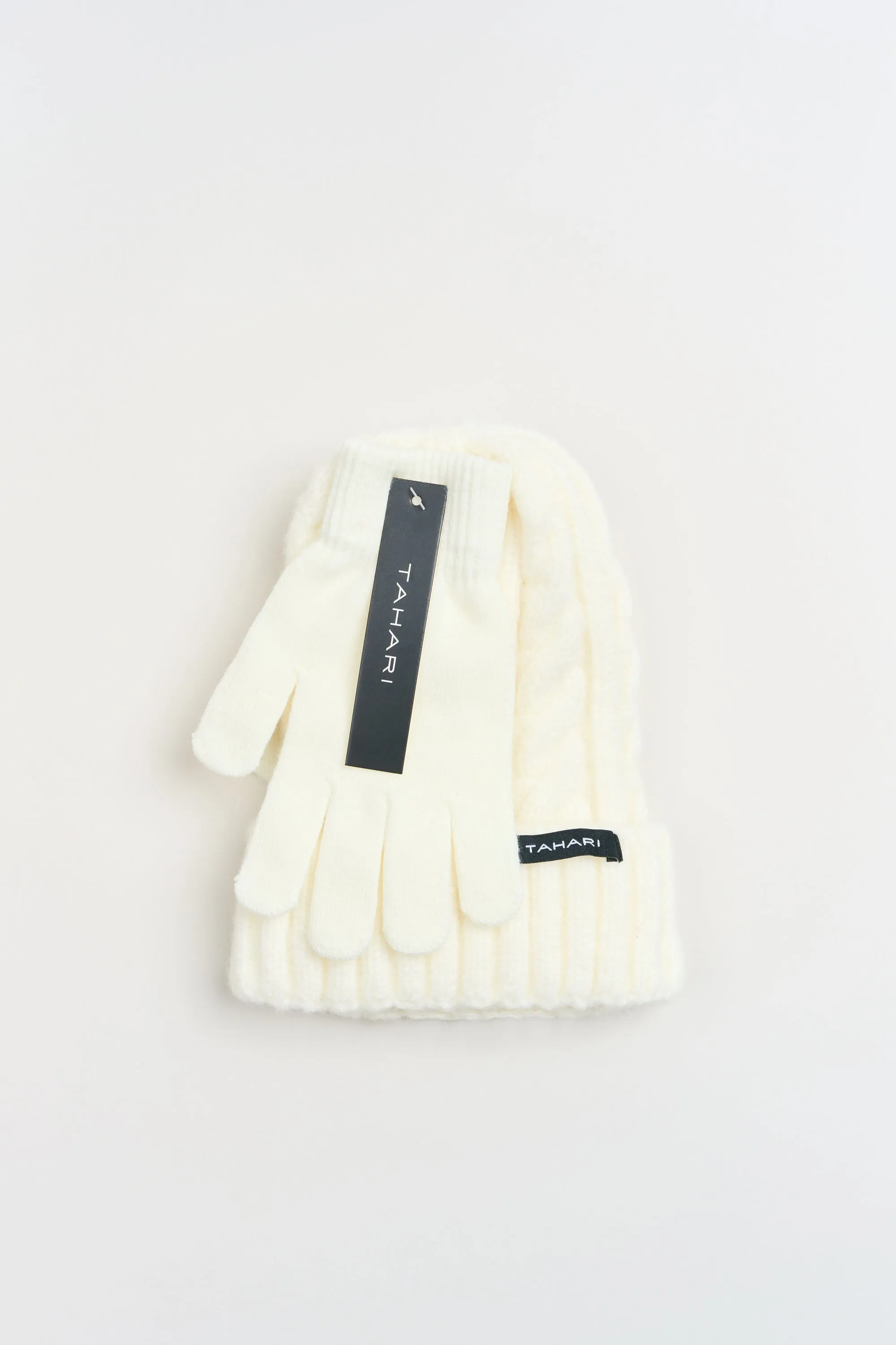 Tahari Cable Knit Beanie Hat & Gloves