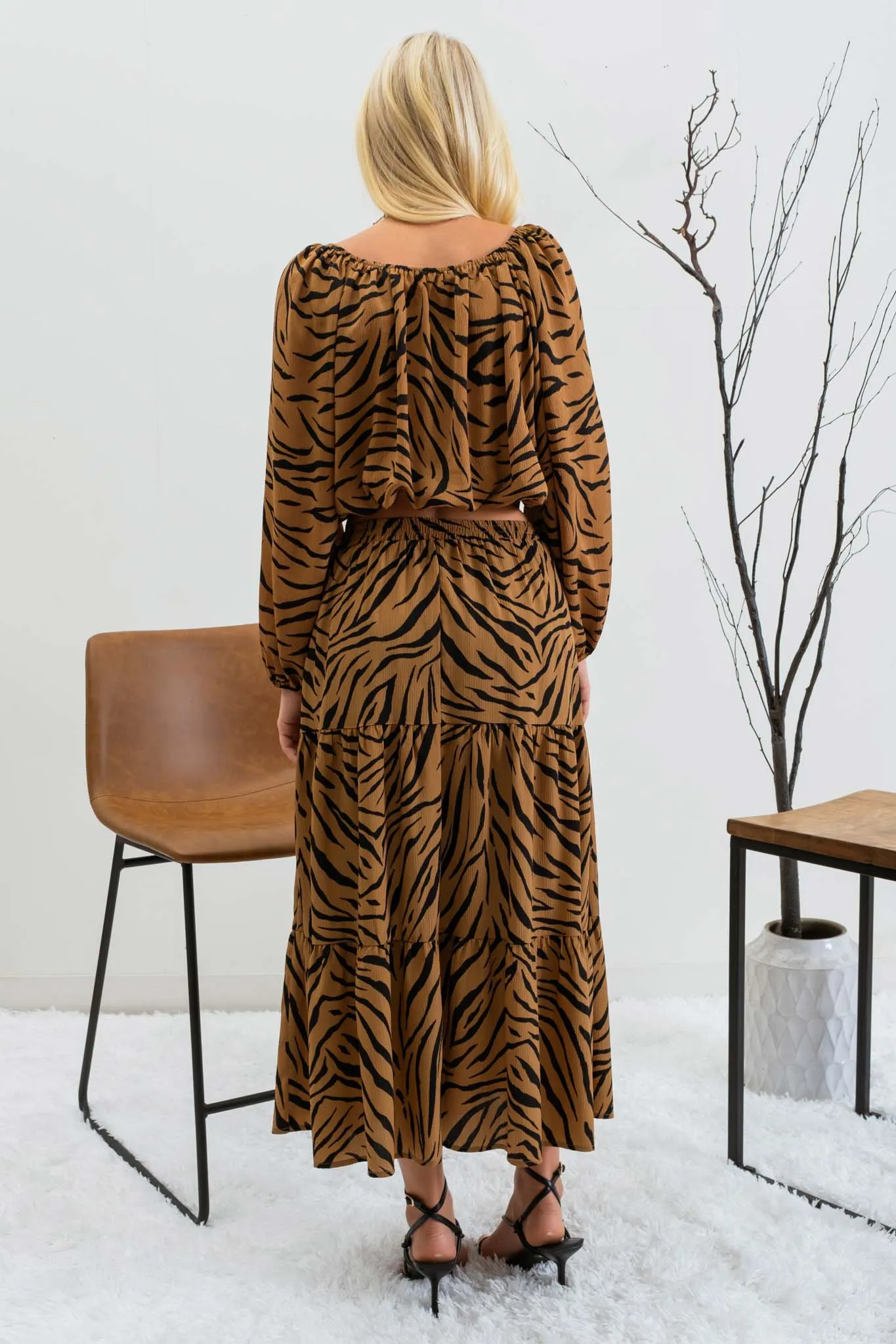TIGER PRINT TIERED MIDI SKIRT