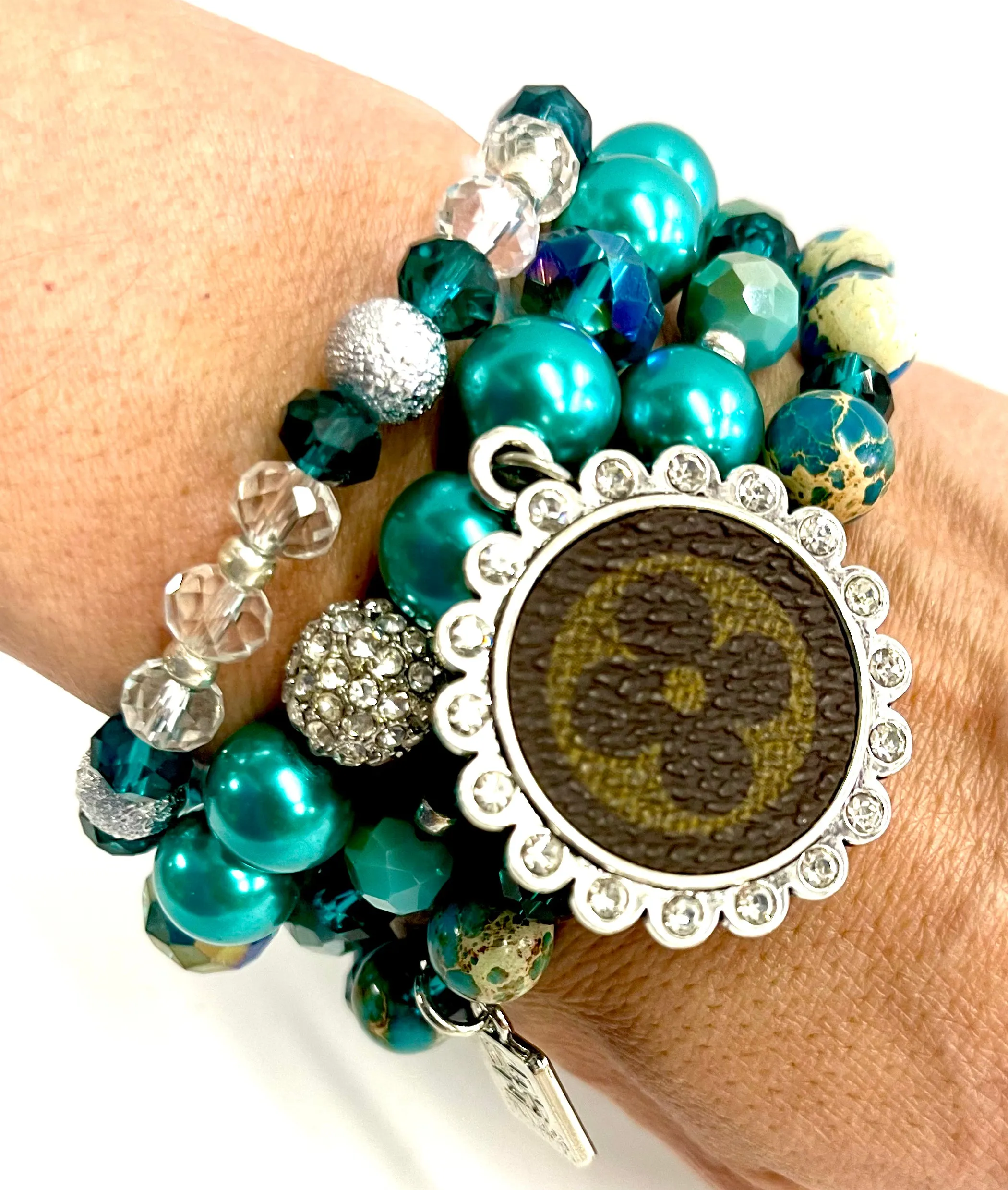 Turquoise bling Stacked Bracelet set- Silver Clear