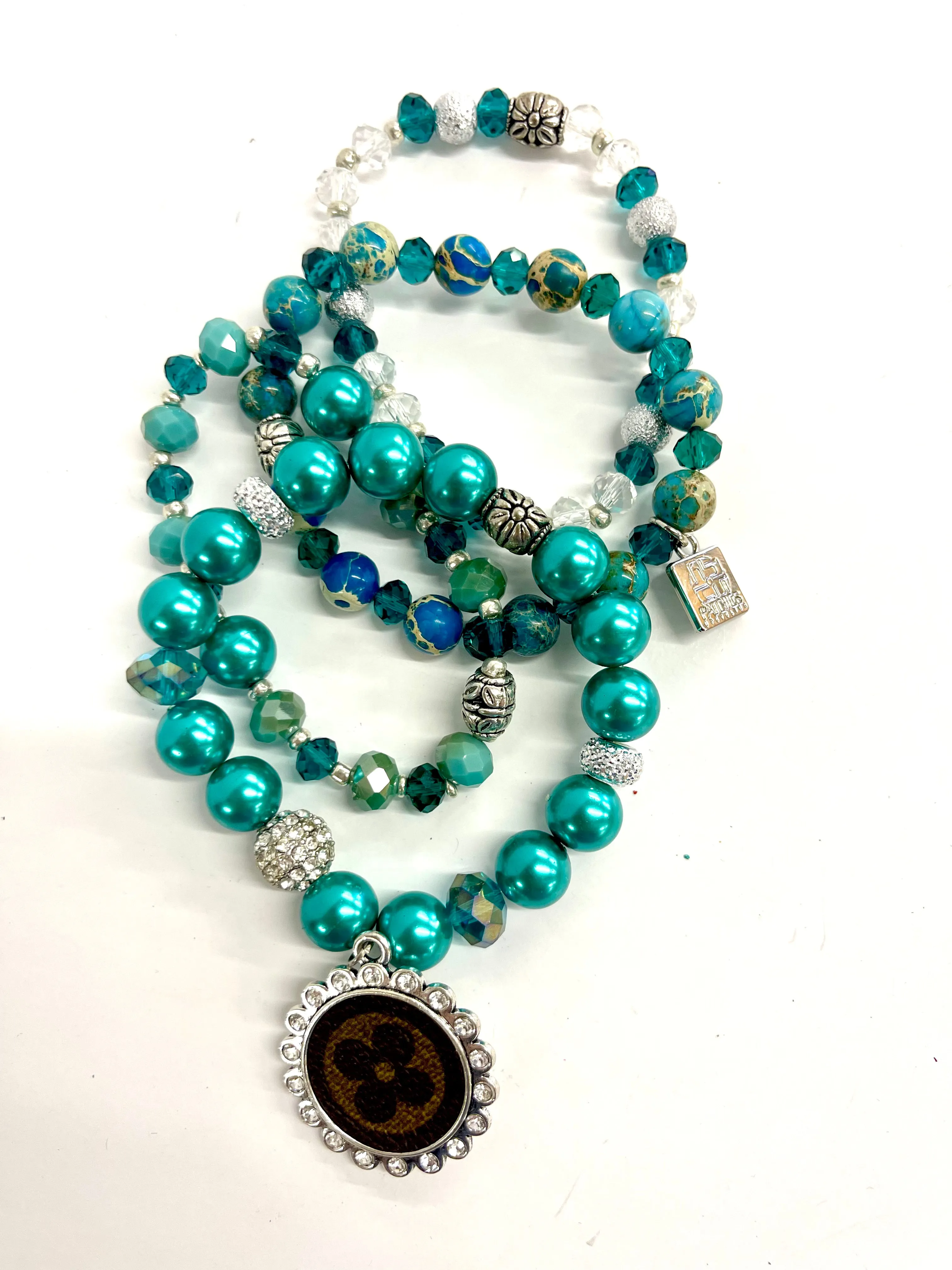 Turquoise bling Stacked Bracelet set- Silver Clear