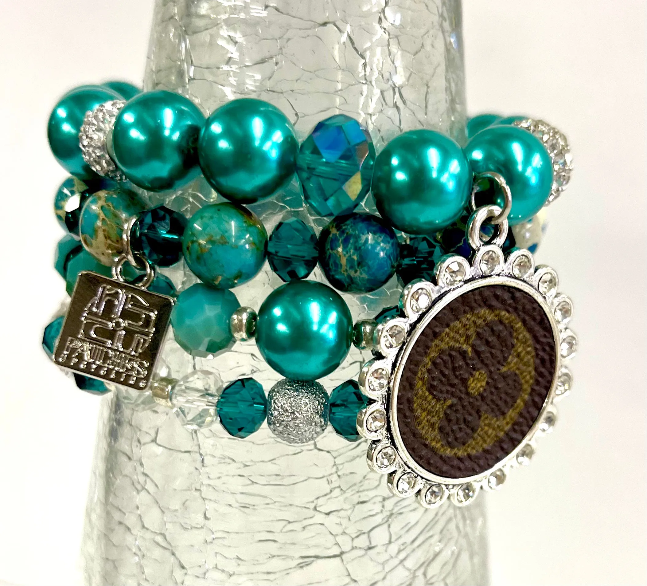 Turquoise bling Stacked Bracelet set- Silver Clear