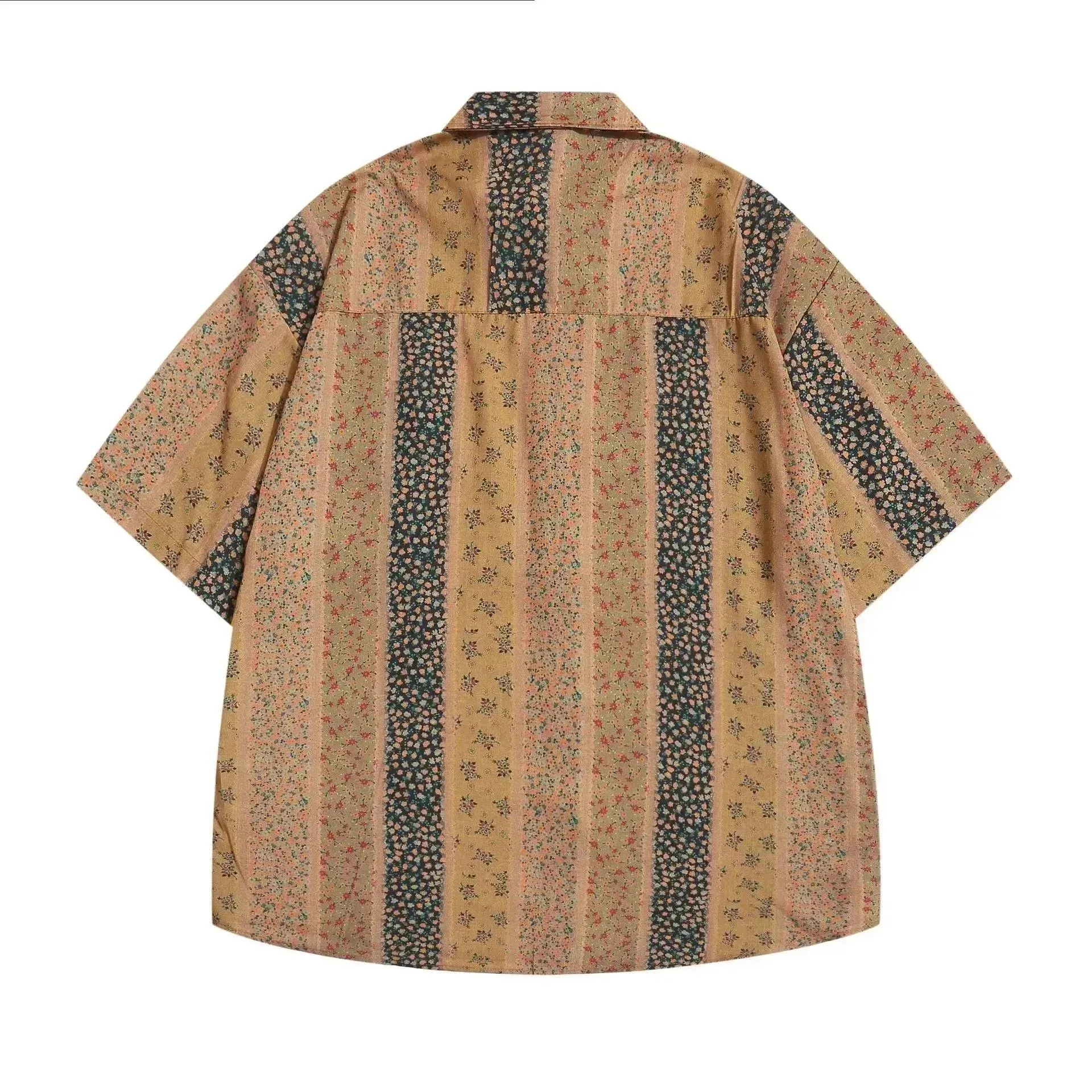 Vertical Stripes Small Floral Short-sleeved Casual Shirt