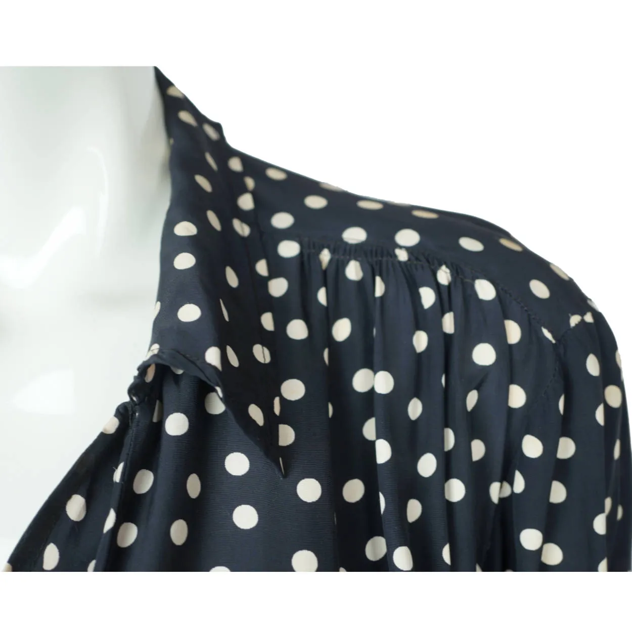 Vintage 1930s Day Dress Navy Blue with White Polka Dots Casually Young Size L XL
