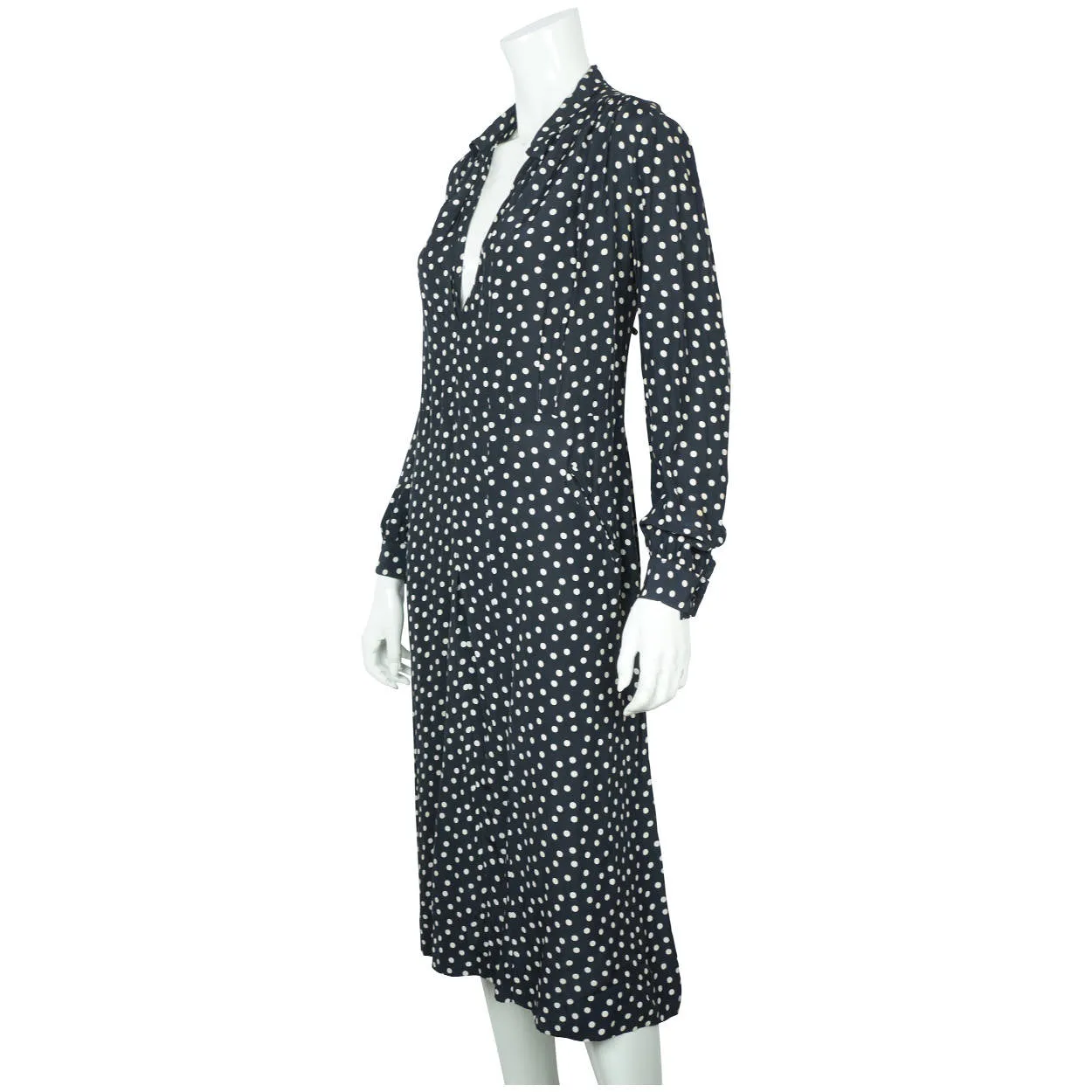 Vintage 1930s Day Dress Navy Blue with White Polka Dots Casually Young Size L XL