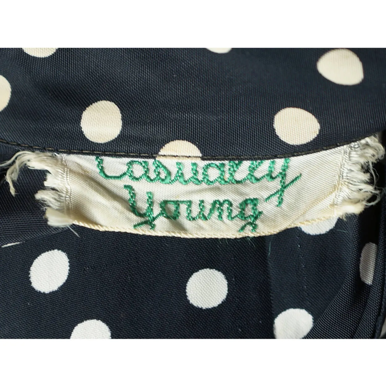 Vintage 1930s Day Dress Navy Blue with White Polka Dots Casually Young Size L XL