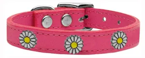 White Daisy Widget Genuine Leather Dog Collar Pink 18