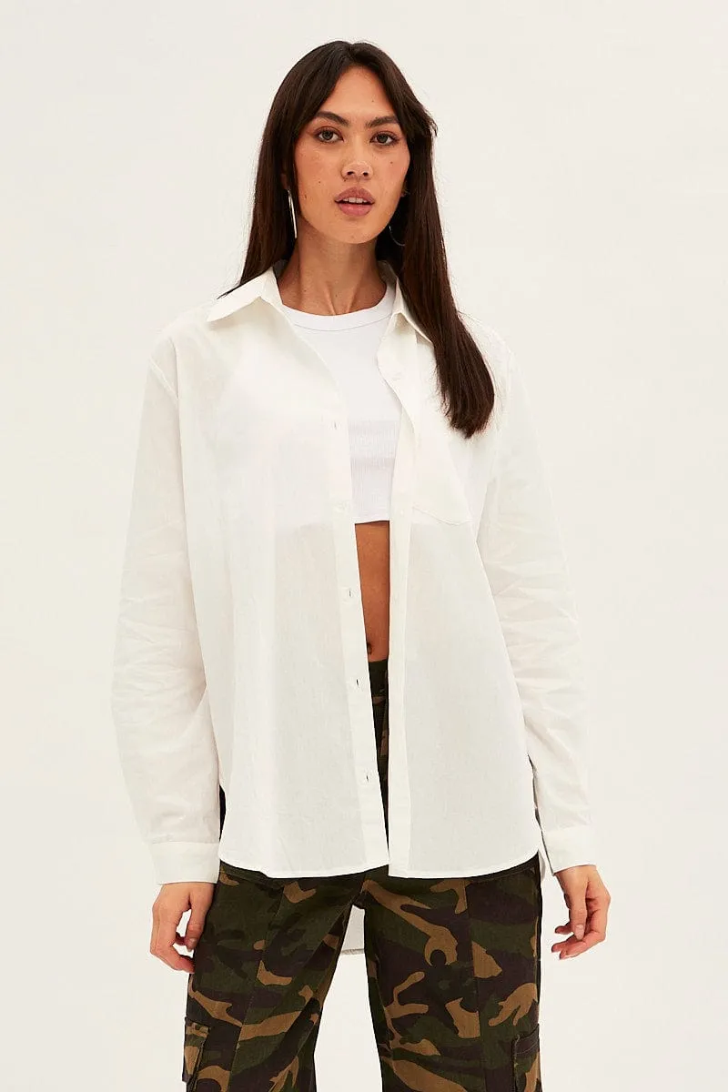 White Oversized Shirt Long Sleeve Button Front