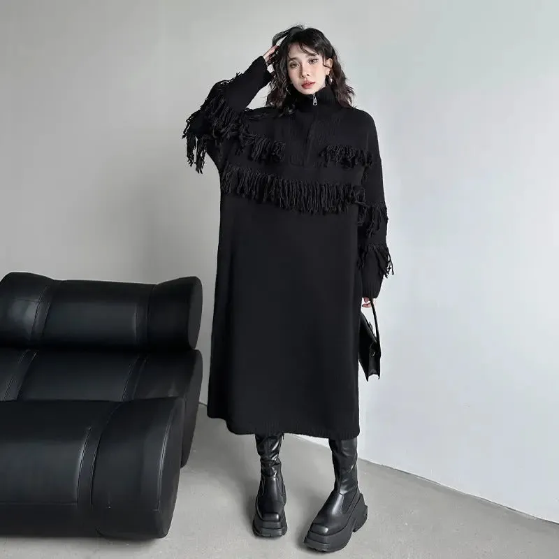 Winter Chic: Women's Fashionable Fringed Knit Dress