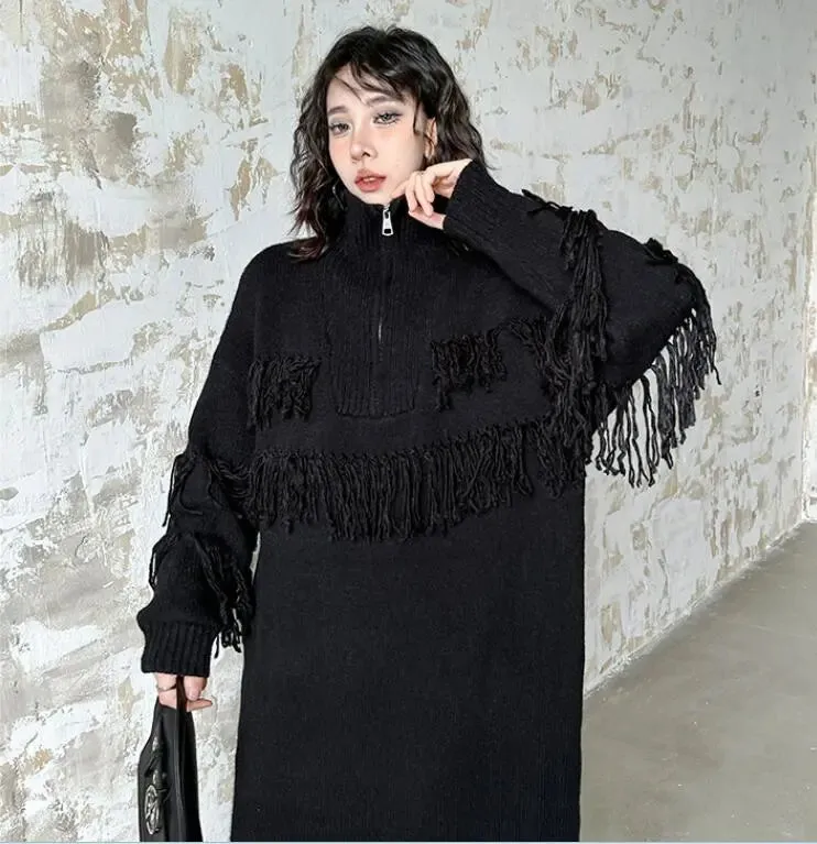 Winter Chic: Women's Fashionable Fringed Knit Dress