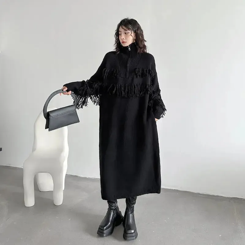 Winter Chic: Women's Fashionable Fringed Knit Dress