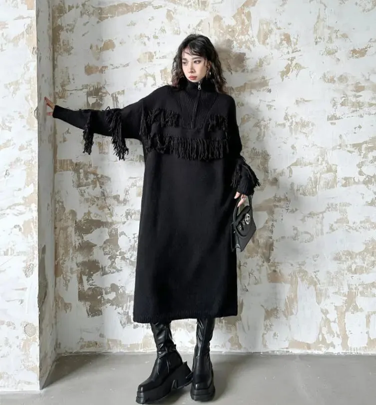 Winter Chic: Women's Fashionable Fringed Knit Dress