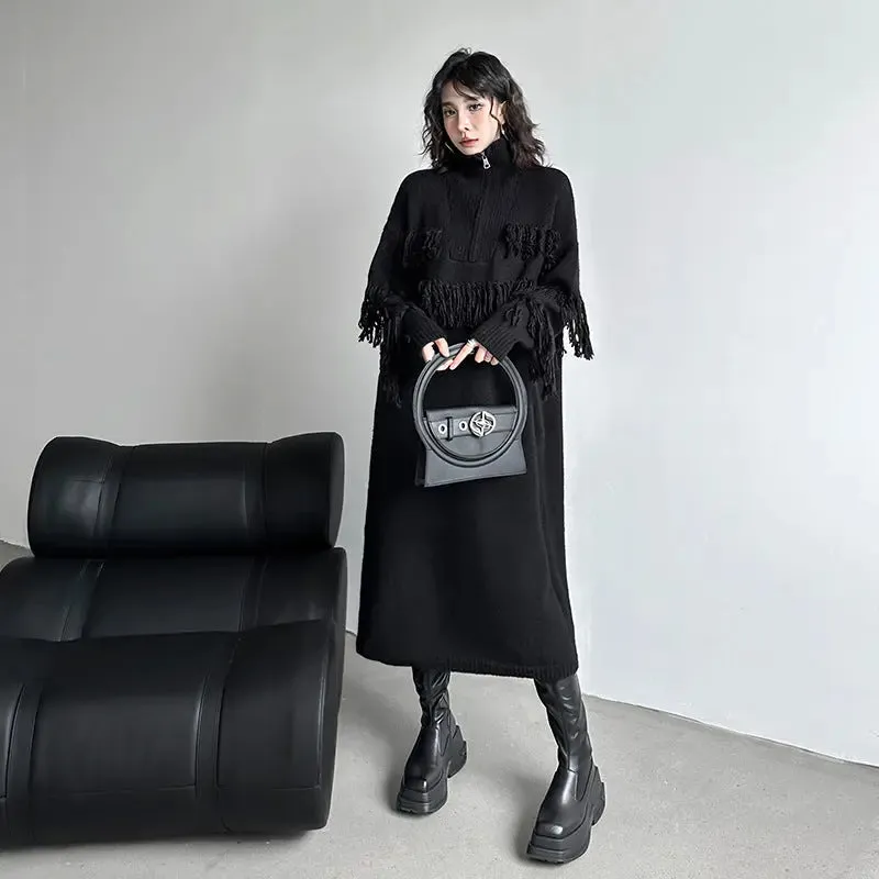 Winter Chic: Women's Fashionable Fringed Knit Dress