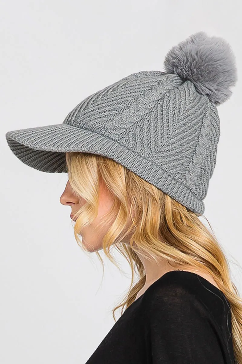 Winter Hike Gray Chevron Brimmed Pom Beanie