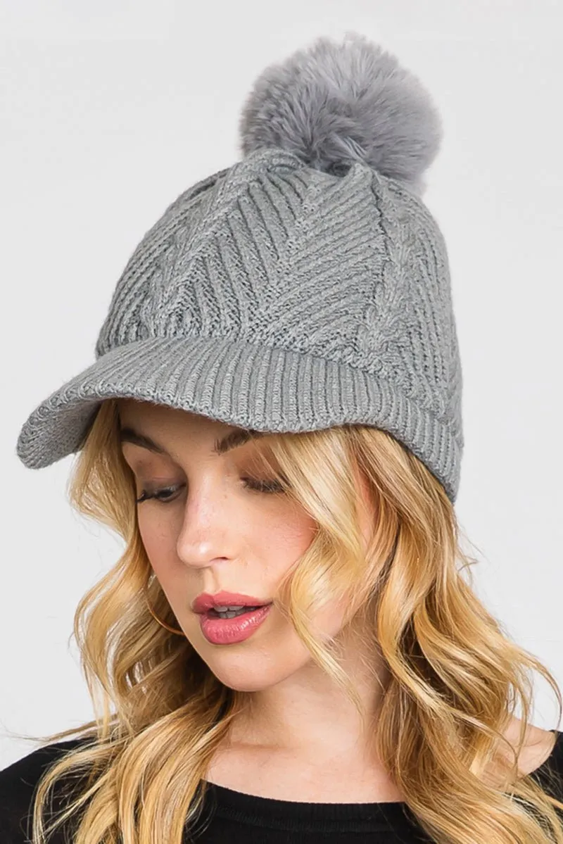 Winter Hike Gray Chevron Brimmed Pom Beanie