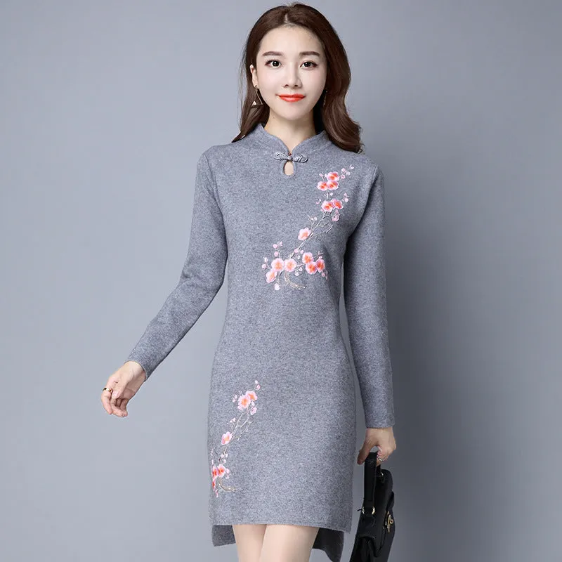 Wintersweet Embroidery Retro Cheongsam Bodycon Sweater Dress