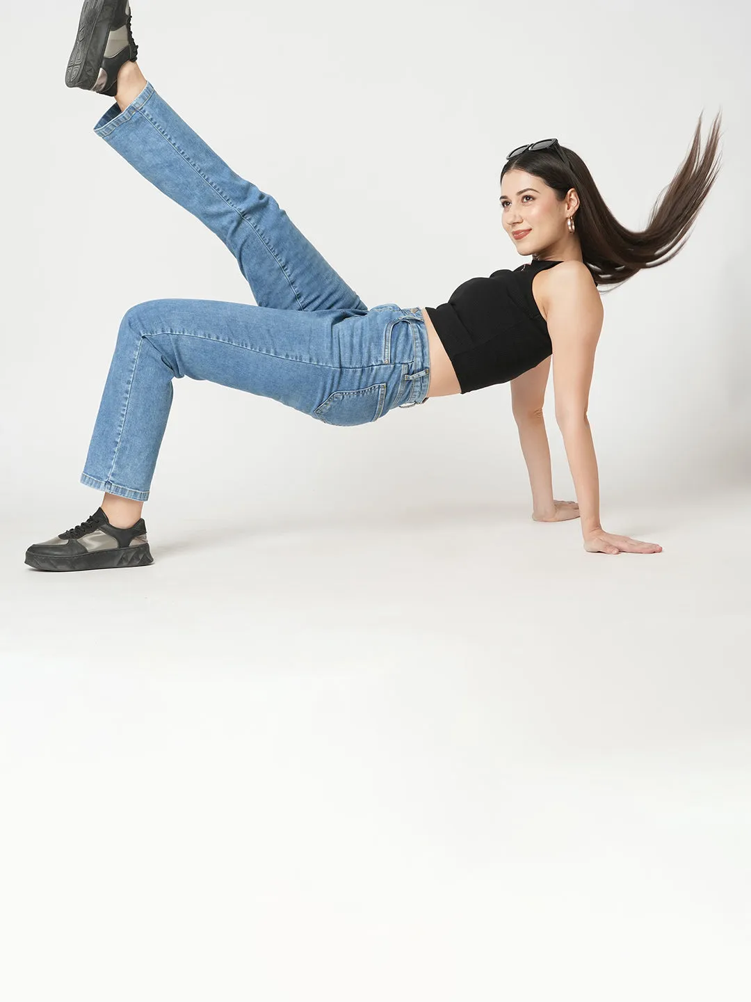 Women Blue High-Rise Loose Straight Jeans