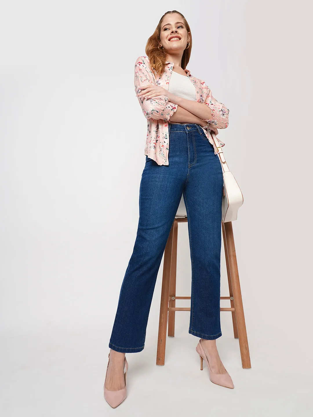 Women Blue High-Rise Loose Straight Jeans
