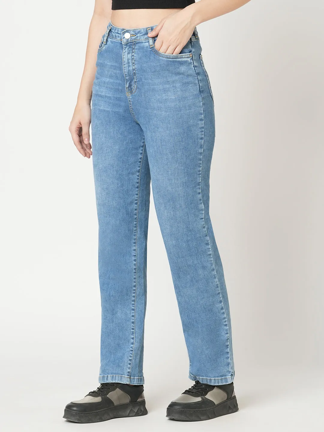 Women Blue High-Rise Loose Straight Jeans