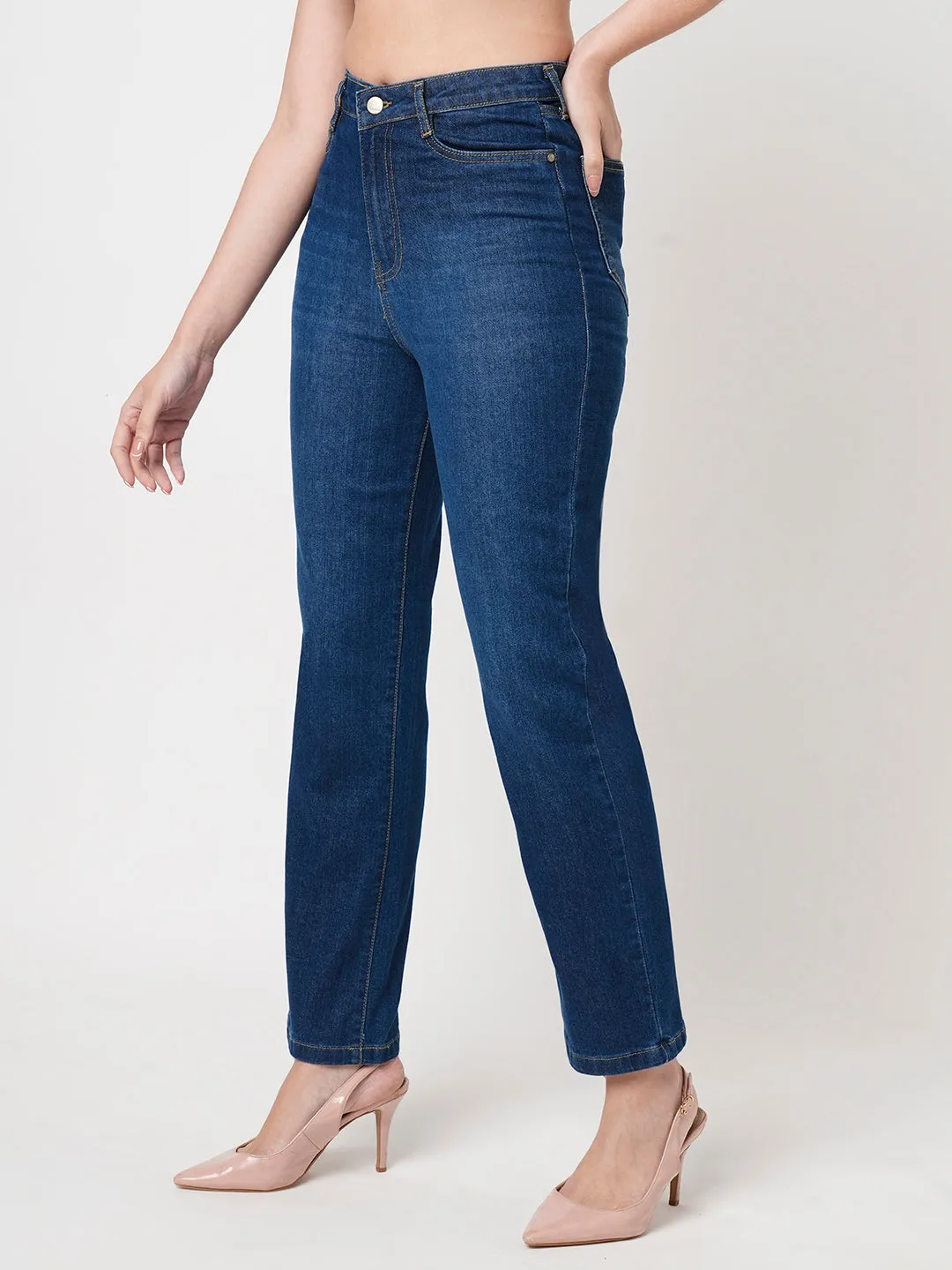 Women Blue High-Rise Loose Straight Jeans