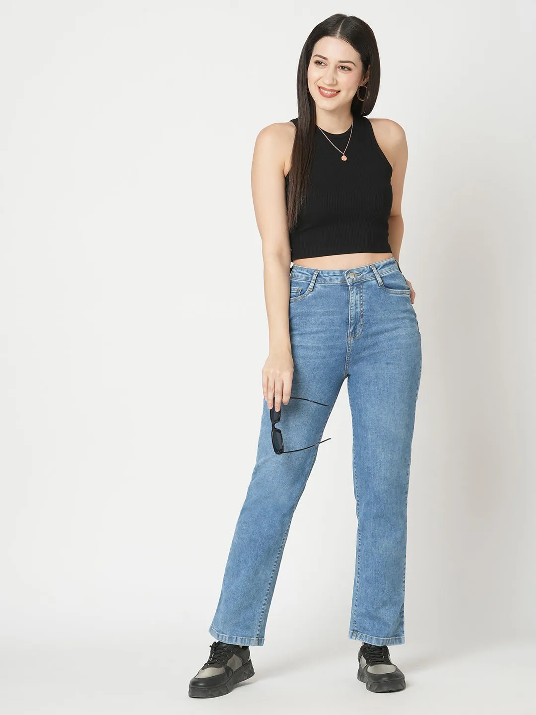 Women Blue High-Rise Loose Straight Jeans