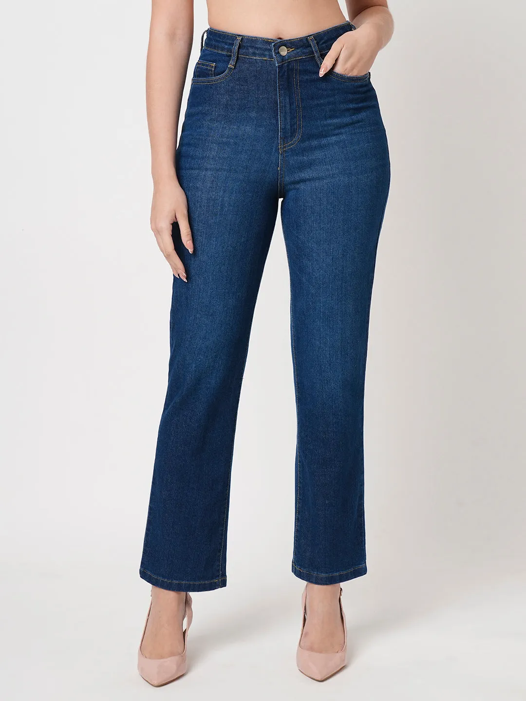 Women Blue High-Rise Loose Straight Jeans