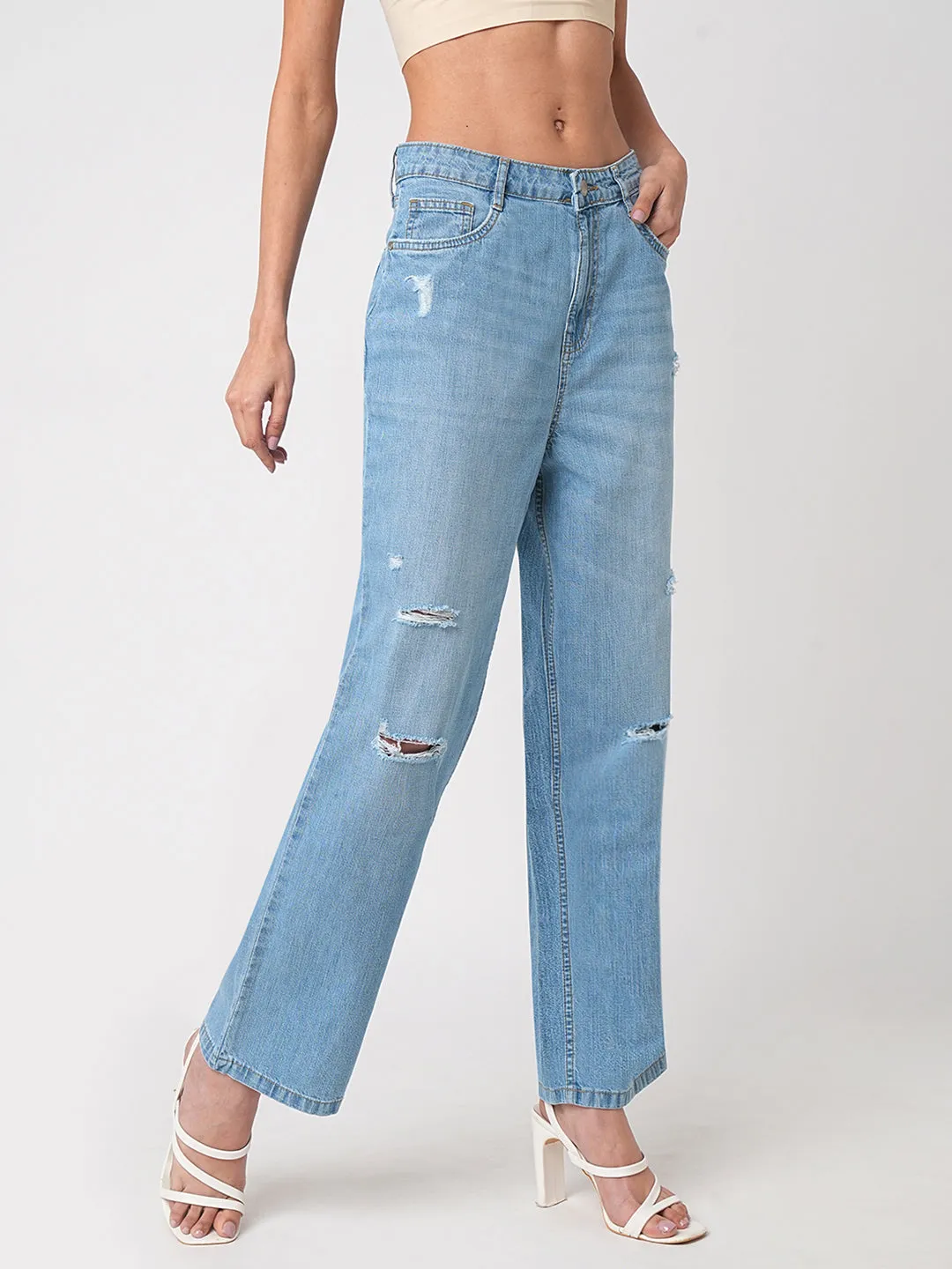 Women Blue High-Rise Loose Straight
